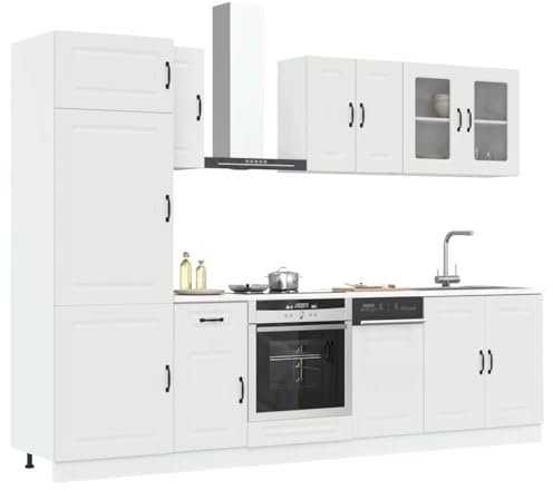 Moderno juego de gabinetes de cocina de 8 piezas en acabado blanco con solución completa de almacenamiento de cocina de madera de ingeniería