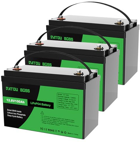 DATOUBOSS 3 * Batterie 12V 100Ah LiFePO4, Batterie Lithium avec BMS 100A, 4000-15000 Cycles Profondes, 1280Wh Energie, Prise en Charge en Connexion Série/Parallèle, pour Camping-Car, Système Solaire