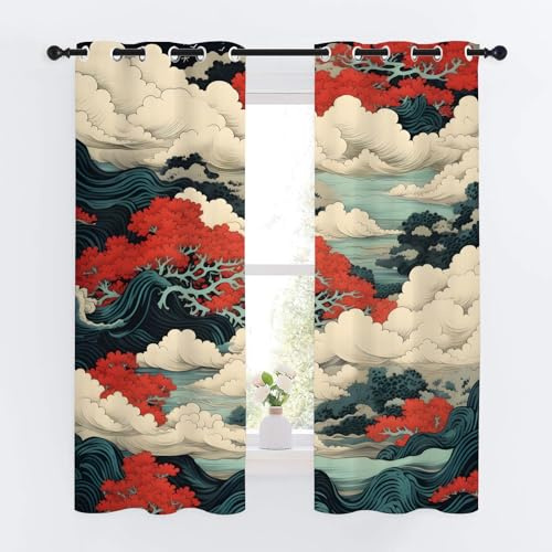 Rideau Occultant Motif Flots, Rideaux Rouge Bleu 2 Pièces L 117 x H 117, Thermique Anti UV Tenture Opaque à Oeillets Style Japonais Decoration Chambre Maison Salon Intérieurs, A12