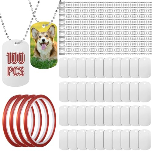 100 Stück Sublimations-Hundemarken, Aluminium-Halsketten mit 23,6-Zoll-Kugelketten und Sublimationsbändern, doppelseitig bedruckbare Marken, Metallketten-Schlüsselanhänger für Männer, Frauen