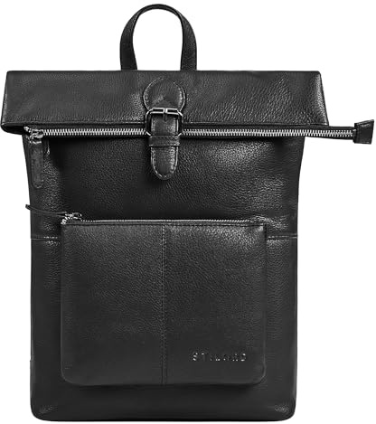 STILORD 'Niagara' Damen Rolltop Rucksack Leder - eleganter Cityrucksack Vintage Tagesrucksack Echtleder 13,6' Laptopfach | kleiner Daypack mit vielen Fächern, Farbe:schwarz