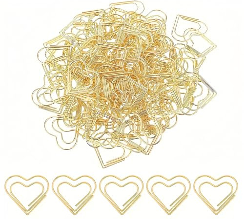 KLINNA 50 Stück Herzförmige Büroklammern Gold von, Klein Motiv Büroklammer als Liebevolle Deko, Herz Paper Clips für Büro & Hochzeit, Liebe Büroklammern Spender für Büro（Gold）