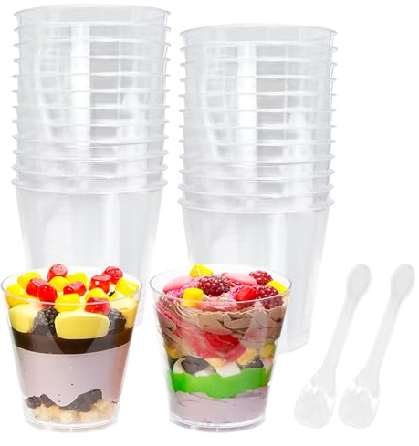 Cisolen 25 Pcs Mini Dessert Cups 210ml/7oz Dessert Pots with Spoons Clear Dessert Bowl Square Cheesecake Pots for Home Desserts, Pudding, Mousse, Ice Cream Party
