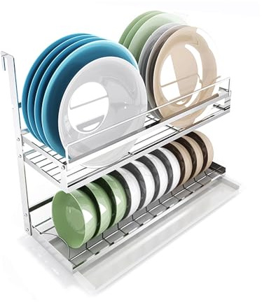 TentHome Scolapiatti Pensile Acciaio Inox con Vassoio Antigoccia, Scola da Parete, Porta Piatti da Muro, Portapiatti da Cucina, Piattaia da Appendere Salva Spazio Supporto Rack di Archiviazione