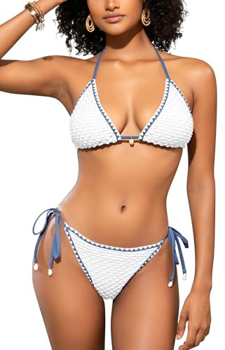SHEKINI Women Triangle Bikini Sets 2 Pieces Halter Neck Swimming Costume | Low Waisted, Tie Sides Bottom, Sexy Tanga Swimsuits, Brazilian Cut