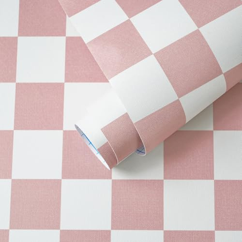 Yomshi Peel and Stick Wallpaper Pink Plaid Contact Paper 44 x 300 cm Boho Wall Paper Roll for Cabinets Bathroom Nursery Self Adhesive Removable Waterproof