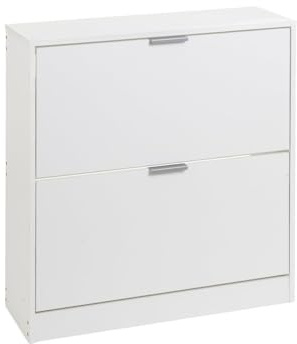 Zapatero estrecho color blanco de 2 puertas de 74x24x82 cm para 12 pares | Tiradores de metal. Puertas batientes. Interiores con 2 niveles. Resiste 20 kg. Para pasillos o recibidores estrechos