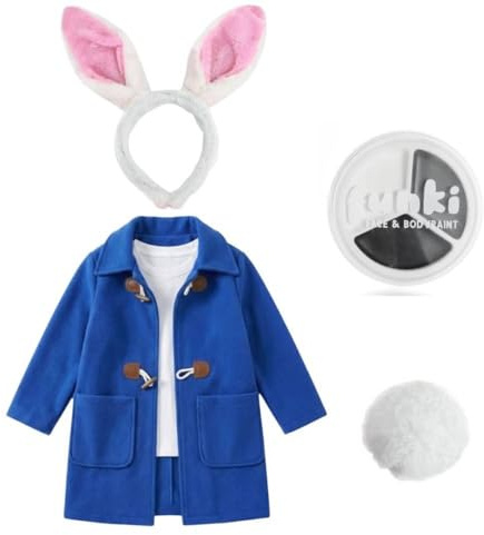 Mischievous Rabbit Set for Kids - 4 Piece Literary Character Outfit - Includes Blue Coat with Toggles, Plush Bunny Ears Headband, Fluffy Tail, and Face Paint Palette - Book Day Fancy Dress Costume