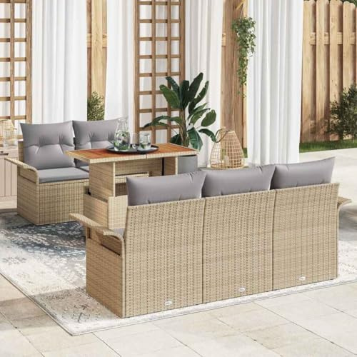 Fangmaliuyun 6-Teilig Balkonset beige-hellgrau, Poly-Rattan, 100×55×73 cm, höhenverstellbarer Tisch, Akazienholz, modular