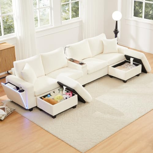 vutizal Wohnlandschaft in U-Form aus Cord mit 2 Hockern, LED-Beleuchtung & USB-Ladestation – Multifunktionale Ablage und Stauraum – Für Wohnzimmer, Gäste & kleine Räume, Beige