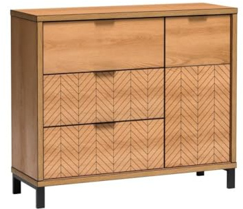Masseno Kommode CARINI 117,5 cm Sideboard mit 3 Schubladen und 1 Türen für Wohnzimmer Schlafzimmer Modern 117,5x40,6x90 cm Eichefarben