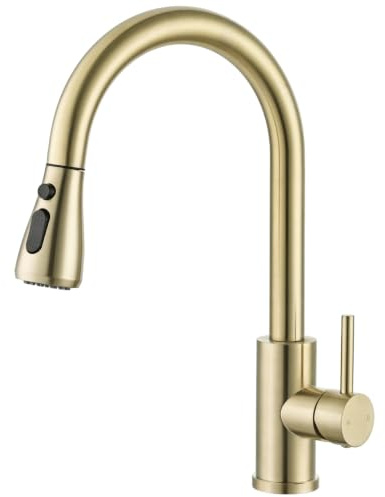 Peppermint Gold Kitchen Tap with Pull Out Spray, Stainless Steel Single Lever Kitchen Sink Mixer Tap, 360° Swivel Spout with 3 Water Modes (Spray/Stream/Pause), Easy Install Faucet for Home & RV