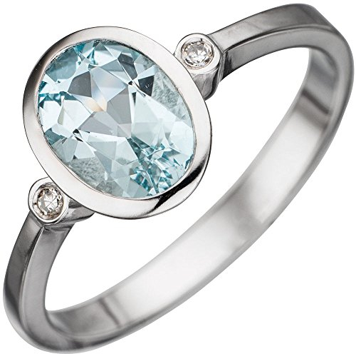 Schmuck Krone Ring Damenring mit Aquamarin blau hellblau & 2 Brillanten 585 Gold Weißgold, Ringgröße:Innenumfang 60mm ~ Ø19.1mm