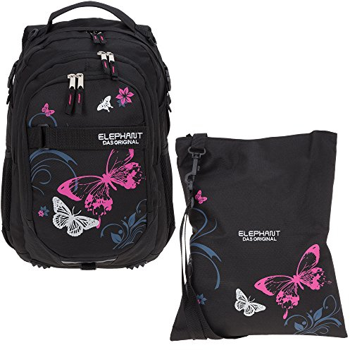 2 Teile Set ELEPHANT Schulrucksack Hero Signature Rucksack + Turnbeutel Attach Bag 12679 (Butterfly Black PINK)