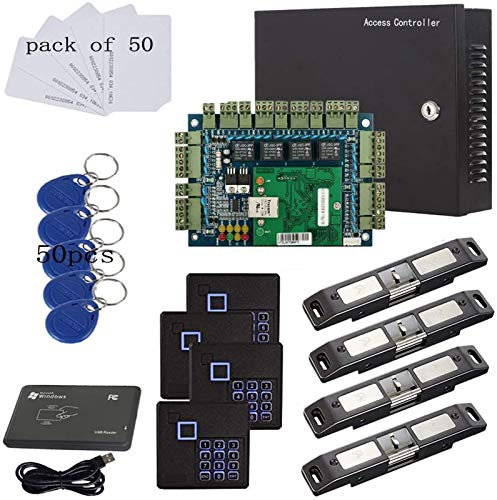 Smart Access Control System TCP/IP 4 Türen mit elektrischem Schloss für Notfalltür, RFID-Tastatur-Lesegerät, USB-Leser, Netzteilbox
