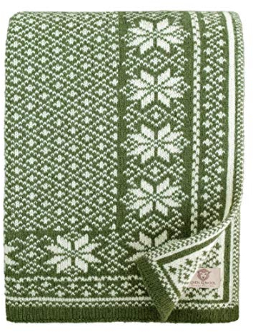 Linen & Cotton Decke Wolldecke Gestrickt North mit Nordisch Muster - 100% Reine Neuseeland Wolle, Grün (130 x 180cm) Wohndecke Kuscheldecke Strick/Sofadecke/Strickdecke/Überwurf/Plaid Couch Sofa