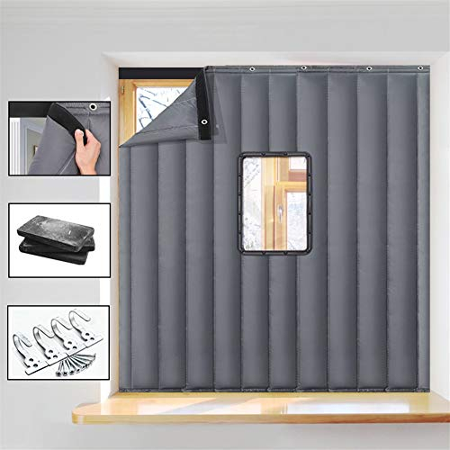 Liveinu Wärmeschutzvorhang Für Fenster Ohne Bohren Thermo Türvorhang Isolier Schutz Panel-Isolierung mit Klettband Thermovorhang Verdunklungsgardine Wasserdicht Winddicht 150x120cm Grau mit Fenster