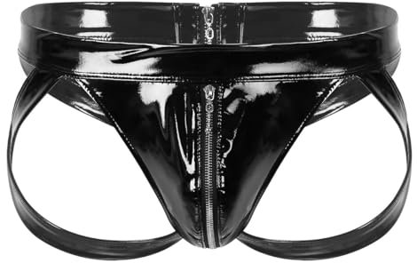 inhzoy Herren Ouvert Slip Jockstrap Wetlook String Tanga Sexy Männer Lack Leder Unterwäsche Erotik Reizwäsche Schlüpfer Low Rise Schwarz_A M