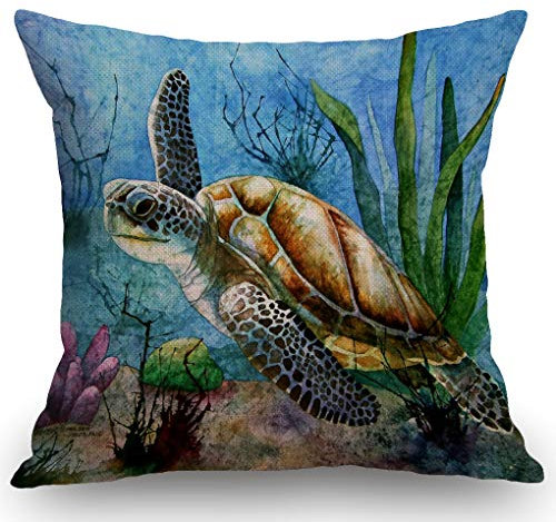 SSOIU Kissenbezug, Motiv: Meeresschildkröte, einsames Schwimmen, Ölgemälde im Ozean, Baumwollleinen, dekorativer Kissenbezug, quadratisch, 45,7 x 45,7 cm