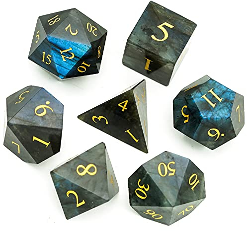 World of Dice - Labradorit Edition - edles Würfelset aus echtem Schmuckstein, 7-teiliges Würfelset für RPG, Pen and Paper, DND, DSA, D4 bis D20