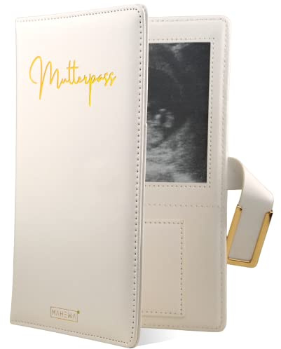MAHEWA® Mutterpasshülle aus Lederimitat - Schutzhülle für den Deutschen Mutterpass mit Fächern für Ultraschallbilder und Dokumente - Organizer in Leder-Optik (Weiß - Mutterpass)