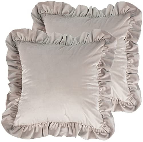 Jemiipee Samt-Kissenbezüge mit Rüschen, 45,7 x 45,7 cm, einfarbig, Shabby-Chic-Stil, Bauernhaus-Kissenbezug für Wohnzimmer, Sofa, Bett, Hellbraun, 2 Stück