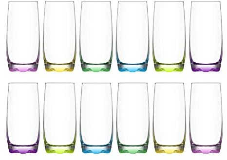 Highball Tumbler Drinking Glasses with Coloured Base Design - 240ml Capacity - Set of 12 Glasses