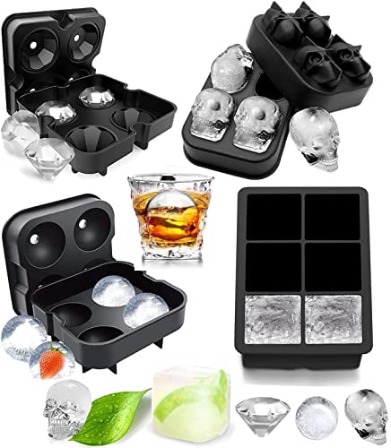 4 Stück Silikon Eiswürfelform Eiskugelform Groß Eiswürfel Kugel-Eis Bereiter, große Würfel & Totenkopf-Silikon-Eiswürfelformen Eisformen für Gekühlte Getränke, Whisky und Cocktails