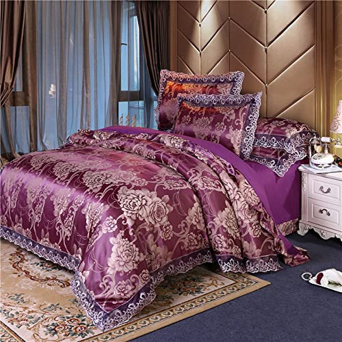 BettwäSche-Sets 4teilig,Bett Im EuropäIschen Stil, Vierteiliger Satin-Jacquard-Bettbezug Aus Seidensatin, 1,8 M, Doppelbett, Bettlaken, Spitze, Blume, Vierteiliges Set,FüNfzehn,220 * 240 Cm (4 StüCk)