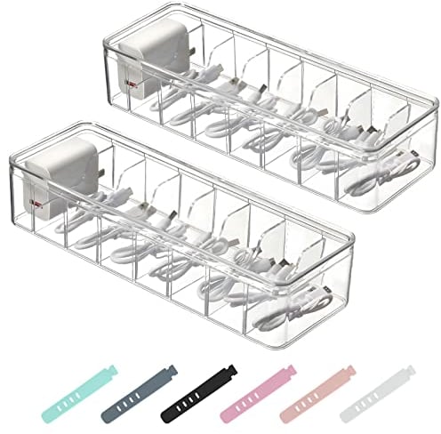 2 Stück Kabel Aufbewahrungsbox, Kabel Organizer Box 8 Fächer, Cable Management Box mit 24 Kabelbindern, Transparenter Kabel Aufbewahrungsbox für Schreibtisch Aufbewahrung, Büro, Heimgebrauch