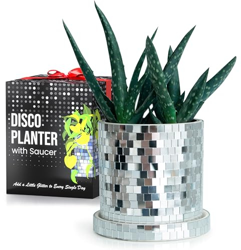 SCANDINORDICA Disco Ball Planter Pot - 4.3 inch Disco Ball Vase, Disco Planter, Ceramic Planter Pots Indoor with Drainage Hole and Saucer, Cute Eclectic Decor, Preppy Room Decor | 0.3 Mirror Tiles