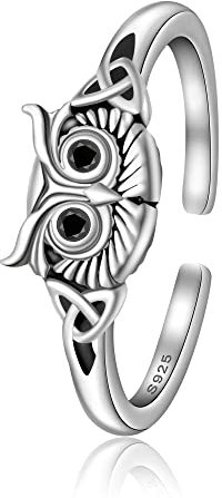 CHIC & ARTSY Nachteulen-Ring, 925er Sterlingsilber, Eulen-Daumenringe, offener Eulen-Bandring, keltischer Knoten, Nachteulen-Ring, offene Manschette, verstellbarer Ring für Frauen