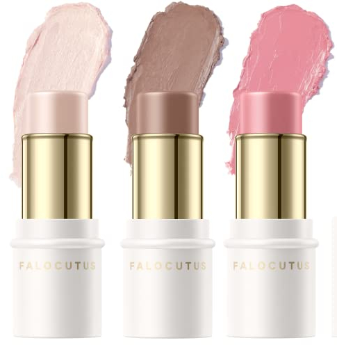 FALOCUTUS 3 Pcs FAIR Contour Stick Set,Cream Blush & Highlighter Bronzer Pen,Long Lasting & Smooth Natural Face Contouring Illuminator,Professional Makeup Kit for All Skin