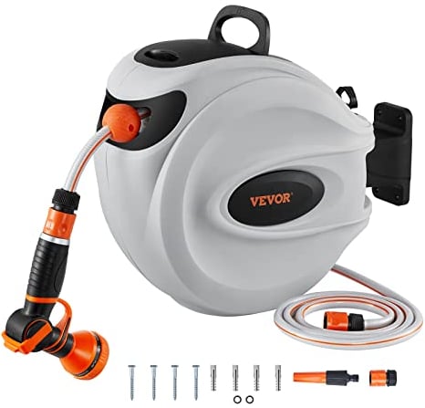 VEVOR Schlauchtrommel Wasser 25mx12mm mit Wandhalterung Tragegriff Schlauchaufroller mit 9-Muster-Sprühdüse & Gartenschlauch 180° Schwenkbar Wand-Schlauchbox mit Aufroll-Automatik Gießen Autowaschen