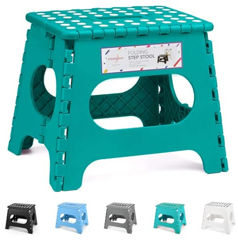 HOUSE DAY 11 Inch Folding Stool - Heavy Duty Plastic Step Stool for Kids & Adults, Foldable, Sturdy, Skid Resistant, for Kitchen, Bedroom & Bathroom (Lake Green)