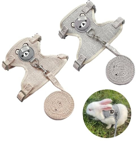 2 Stück Kaninchen Leine, Grau & Beige Kaninchen Geschirr, Elastisch Einstellbar Hasenleine, Kaninchengeschirr mit Leine für 3-8 Pfund Kleintiere, Kaninchen Zubehoer