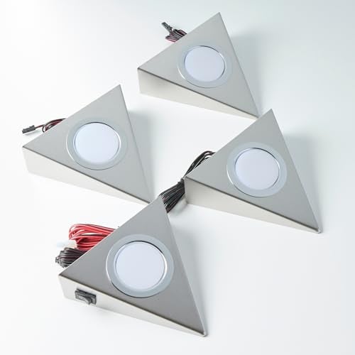 Loevschall Emerald Kit Unterbauleuchte Küche LED 230V, 4er-Kit, Dreieckige LED-Lampe für unterbauleuchte mit 3500K Weißlicht, einfache Installation mit integriertem Schalter, Edelstahl, komplettes Set