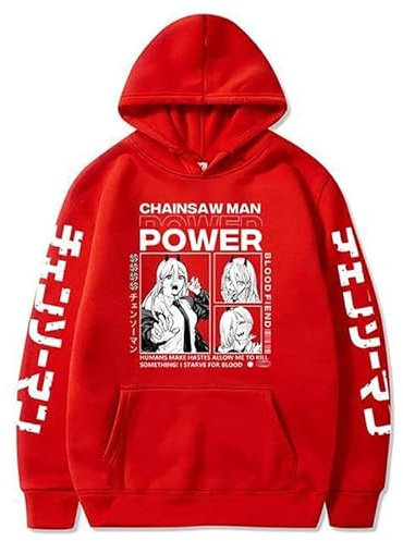 Rcrllya Anime Power Chainsaw Man Printed Hoodies Men Woman Y2k Hoodie Streetwear Hooded Sweatshirts Pullovers Unisex Tracksuit Clothing (Red,S)