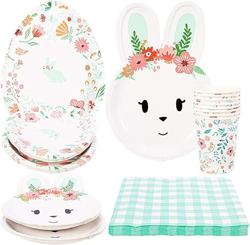 Zstar 68 Piece Green Party Tableware Easter Bunny Party Plates Set Paper Party Accessories for Easter, Paper Plates, Paper Cups, Napkins, Severs 16 Guests