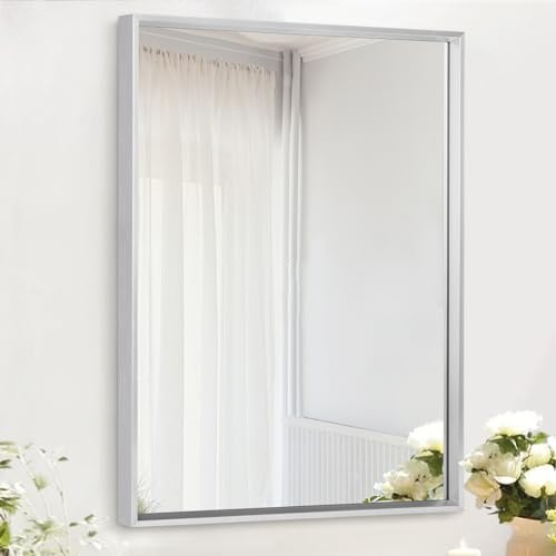 AAZZKANG Specchio rettangolare con cornice in metallo, specchio decorativo moderno per camera da letto, bagno, specchio cosmetico verticale o orizzontale, argento