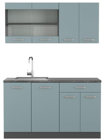 Vicco Singleküche R-Line, Blau-Grau/Anthrazit, 140 cm ohne Arbeitsplatte