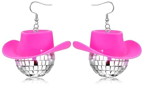MAIGO Disco Ball Earrings - Retro Glass Sparkling Disco Ball Drop Earrings 70s 80s, Mirrorball Earrings for Cowgirl Bachelorette Party Womens Jewelry Accessories Gifts, Disco Earrings with Pink Hat