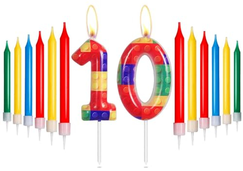 mciskin Bausteine Geburtstag Zahl 10 Kerzen, rot, gelb, grün, blau Kerzen für Kuchen, Partykerzen, Baustein-Themen-Geburtstagskuchenkerzen für Jungen Mädchen 10. Geburtstag Dekor
