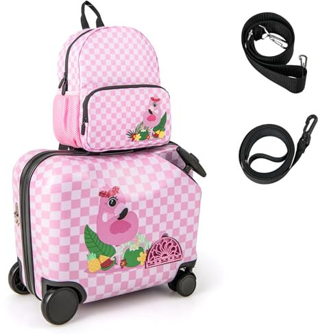 COSTWAY 2tlg Kinderkoffer + Rucksack, 12+18 Kindertrolley mit Rollen & wasserdichter Hartschale, Kindergepäck mit Tragegurt, Seil & Fußstützen, Rollkoffer für Jungen Mädchen (Flamingo)