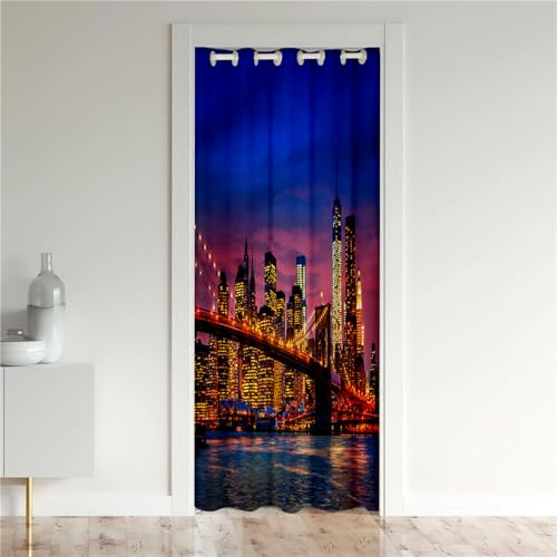 Odot Rideaux de Porte à Oeillets, Motif Paysage Rideau de Porte Interieur Occultant Rideau de Séparation de Pièce Rideau de Porte à Isolation Thermique (Paysage de la Ville,120x200cm)