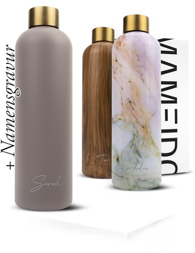 MAMEIDO Edelstahl Trinkflasche personalisiert 500ml - auslaufsichere Trinkflasche mit Namen, personalisertes Geschenk (Taupe Grey Gold, 0,5l)