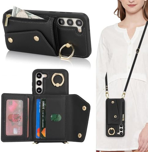 Lipvina Hülle für Samsung Galaxy S23 Plus Hülle mit Band Kartenhalter handyhülle Hülle für Samsung Galaxy S23 Plus mit Reißverschluss Band Ring Ständer Case für Frauen - Schwarz