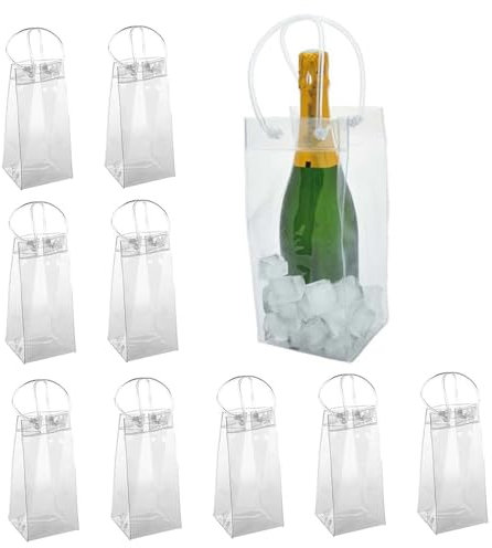 Weinkühlertasche 10 Stück Transparent PVC tragbare Flaschenkühler Tasche 9,8x3,9 Zoll Champagner Eisbag mit Griff für Bierparty im Freien, Weinflaschenkühler