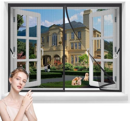 Cortina de Ventana Magnética,120x110cm Mosquitera Puerta Mosquitera Puerta Magnética,con Tiras de Almacenamiento en los Lados,Cinta Sin Taladros,Apagado Automático,para Cocina/Sala de Estar Negro