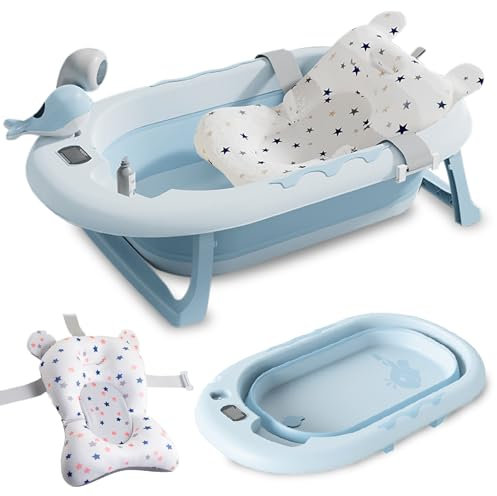 COZYNEST Bañera Bebé Plegable con Cojín Antideslizante y Termómetro, Soporte para Alcachofa de Ducha y Juguete Delfín | Bañera bebe Portátil, Compacta y Segura para Recién Nacidos y niños